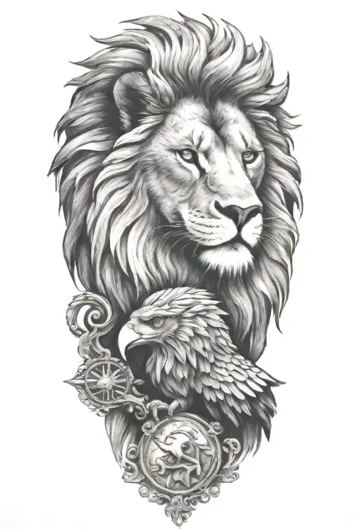 a lion and an eagle perched