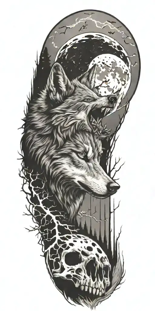 nature, wolf howling at the moon, skull - Variation 2