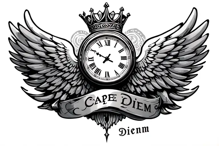 wings with clock at 20:09, crown in the top, carpe Diem in the bottom - Variation 1