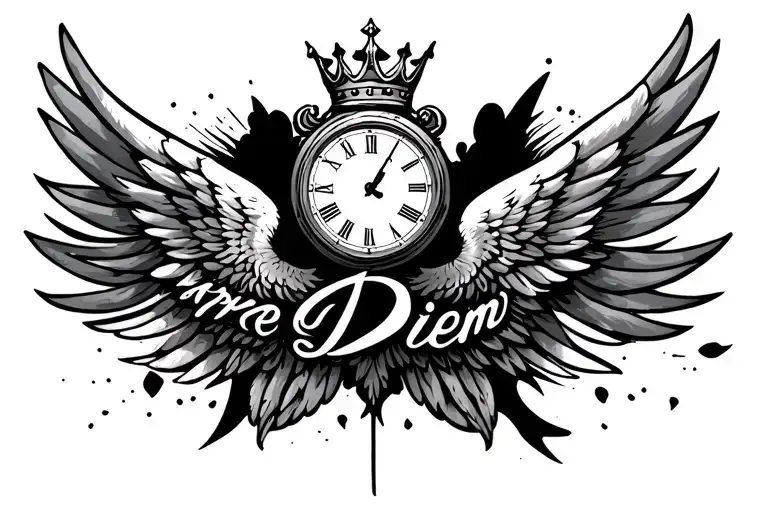 wings with clock at 20:09, crown in the top, carpe Diem in the bottom - Variation 2