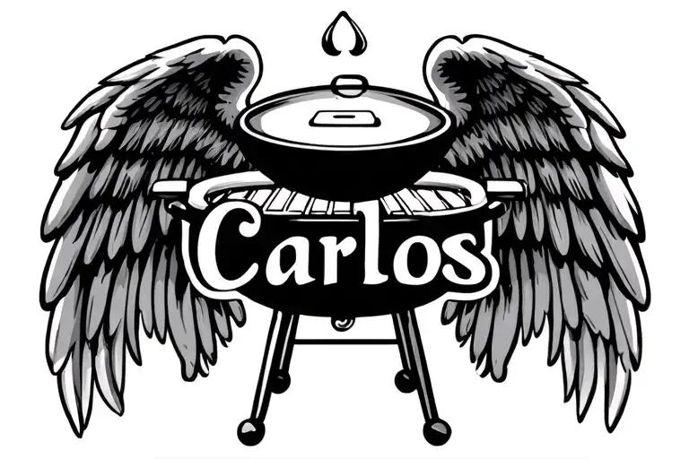 name Carlos infront of bbq grill with angel wings on each side