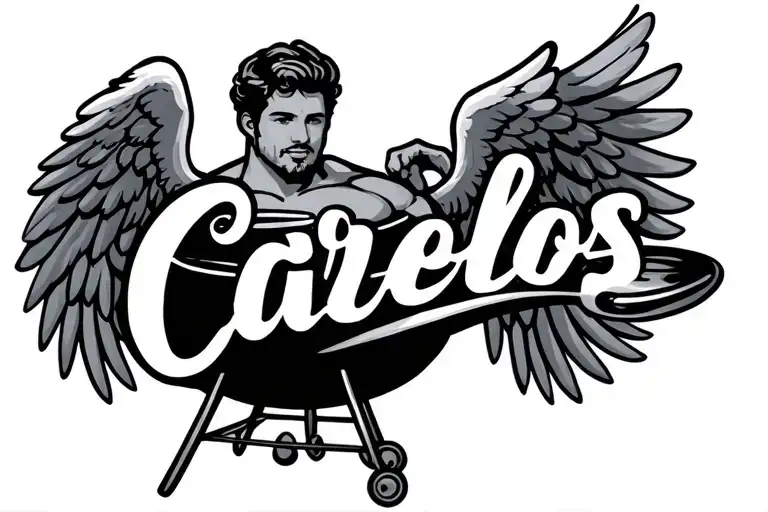 name Carlos infront of bbq grill with angel wings on each side - Variation 2