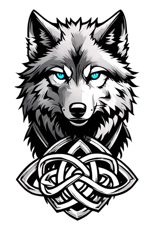 wolf with blue eyes on armor tattoo design featuring Celtic trinity knot - Variation 5