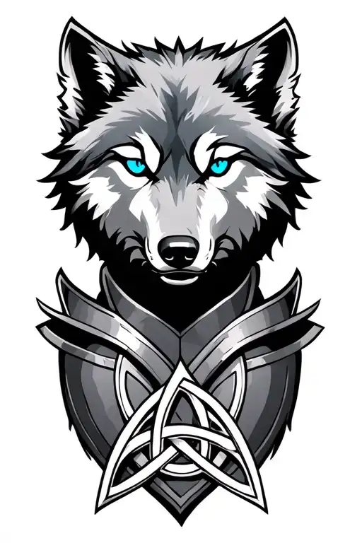wolf with blue eyes on armor tattoo design featuring Celtic trinity knot - Variation 6