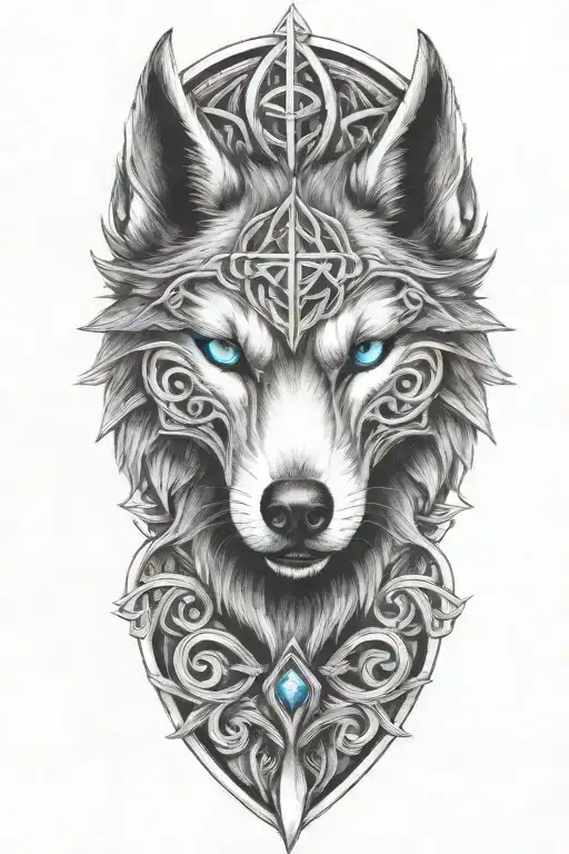 wolf with blue eyes on armor tattoo design featuring Celtic trinity knot - Variation 2