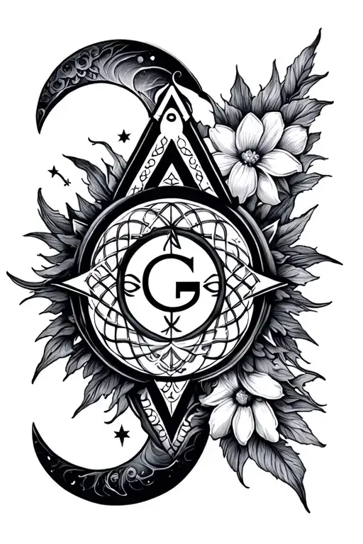masonic symbols, sun, moon, stars, flower of life tattoo - Variation 2