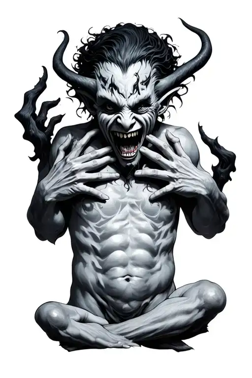 demon on stomach with hands coming around onto face