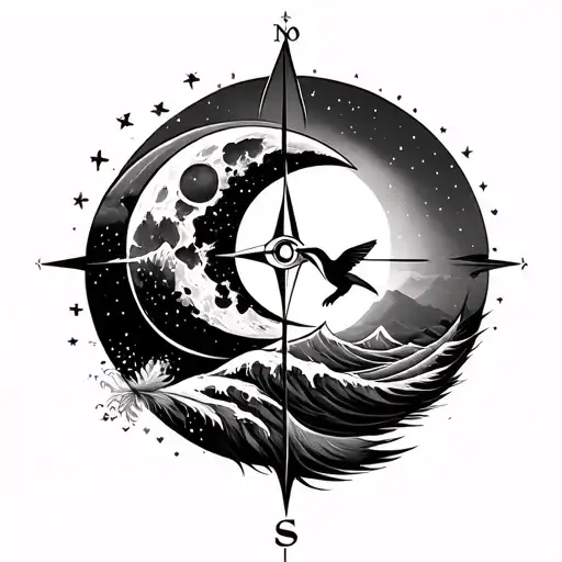 Moon,Sun, Waves, Feather,Mountains Ohm, Infinity symbol,Compass,Humming bird              mix these all and make one in 