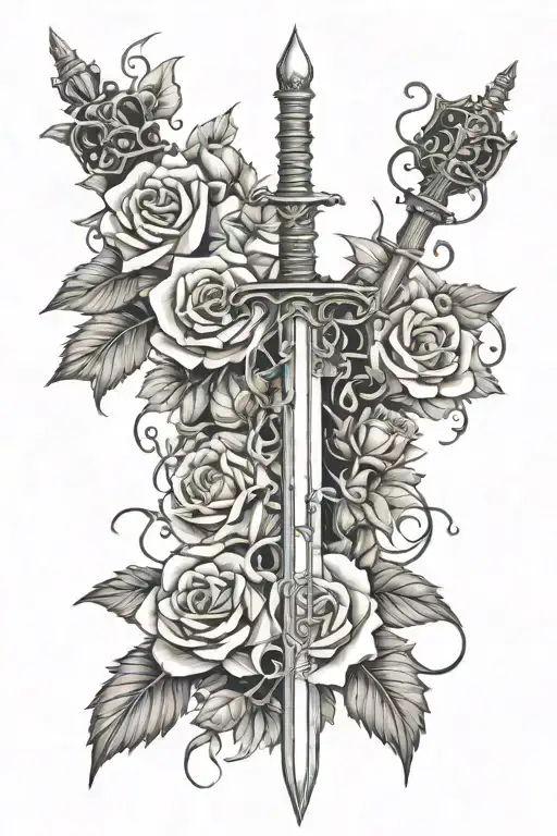 brambles intertwining with roses with a sword in the center for a back tatto all the spine