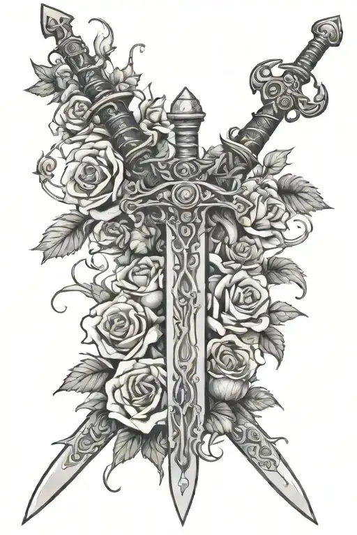 brambles intertwining with roses with a sword in the center for a back tatto all the spine - Variation 2