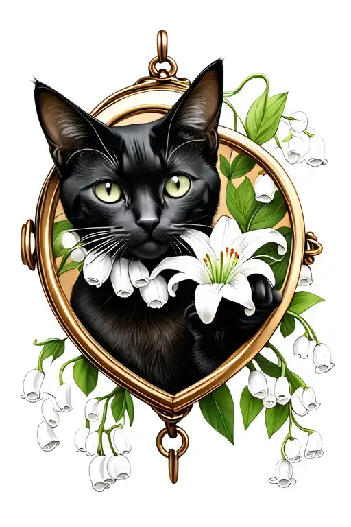 black cat holding lily of the valley inside of a heart locket