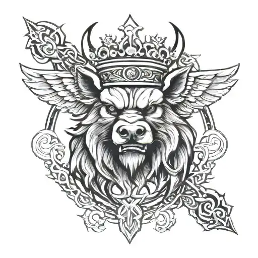 Angry Boar head with a sword and wings wearing a crown with a Celtic trinity knot pattern - Variation 2