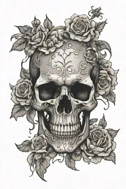 skull in the center of flowers