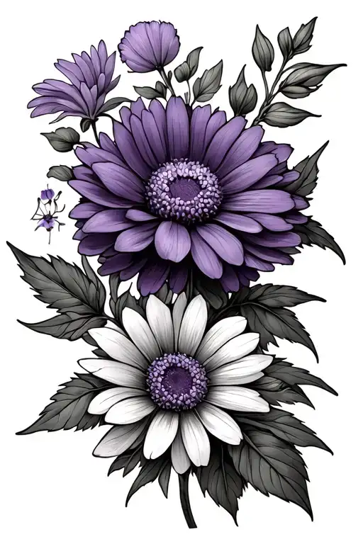 violet flower, aster flower, and sweet pea flower, leaves - Variation 2