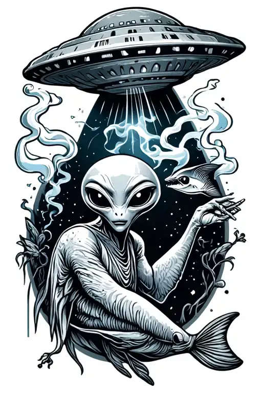 Pisces aliens smoking joint flying ufo beaming - Variation 1