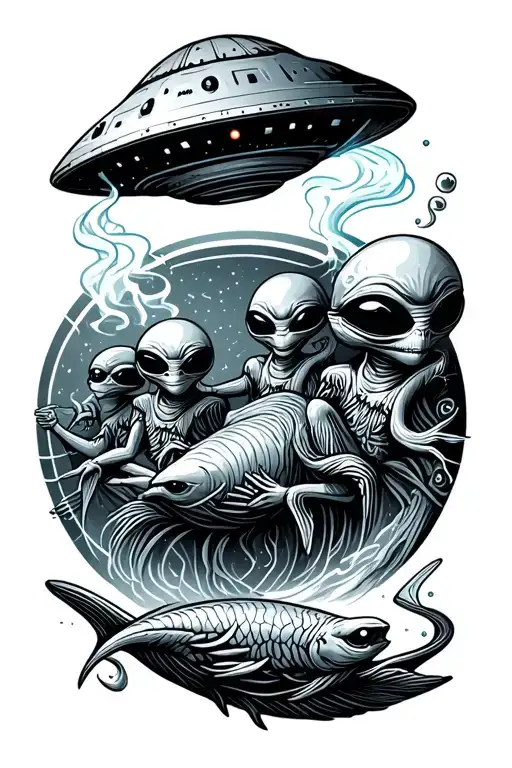 Pisces aliens smoking joint flying ufo beaming - Variation 2