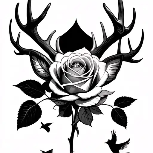 A rose losing its petals in a draft below it light deer antlers on each side birds flying below its deer antlers on the 