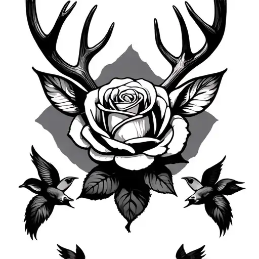 A rose losing its petals in a draft below it light deer antlers on each side birds flying below its deer antlers on the - Variation 2