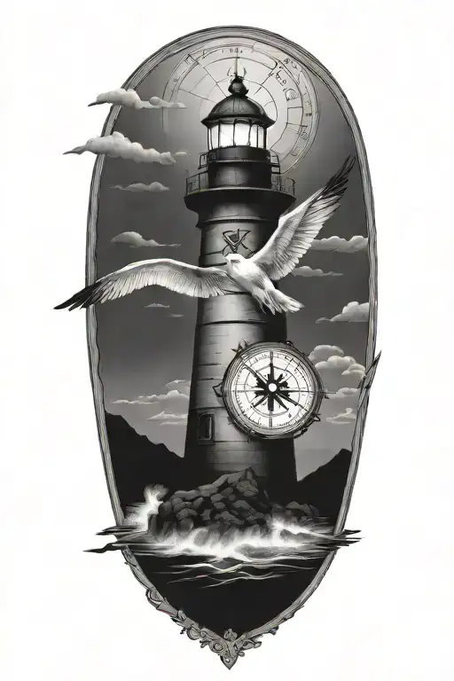 lighthouse, compass, heart, calm ocean, seagull - Variation 2