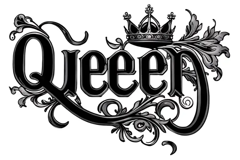 "Queen" shadowed cursive font surrounded filigree swirls - Variation 2