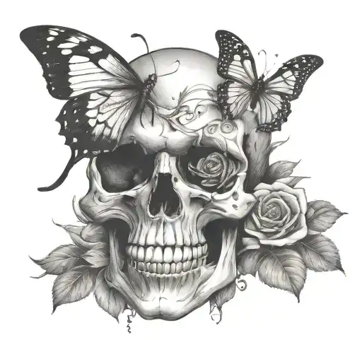 skull with butterfly emerging from eye and roses - Variation 3