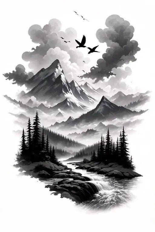 dramatic sky with tiny birds, then mountains, and dark forest, and the river flowing down (tattoo for forearm)