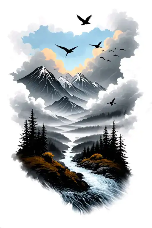 dramatic sky with tiny birds, then mountains, and dark forest, and the river flowing down (tattoo for forearm) - Variation 2