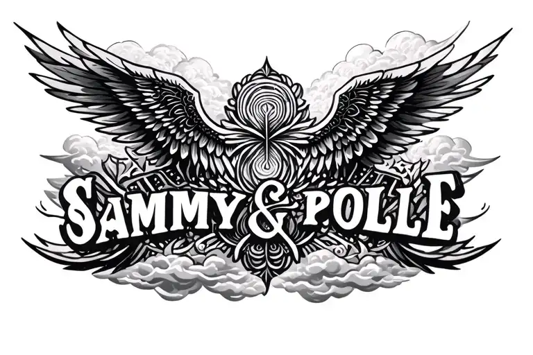 "SAMMY & POLLE" negative text, angelwings clouds heaven, complex geometric background depth mandala