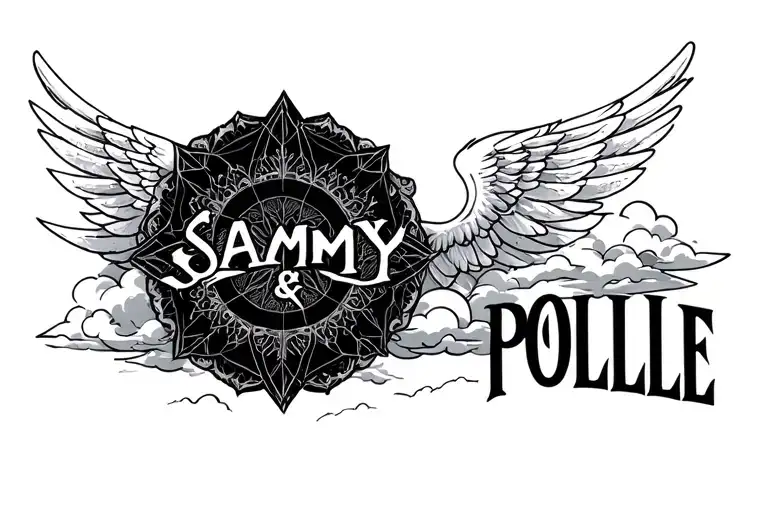 "SAMMY & POLLE" negative text, angelwings clouds heaven, complex geometric background depth mandala - Variation 2