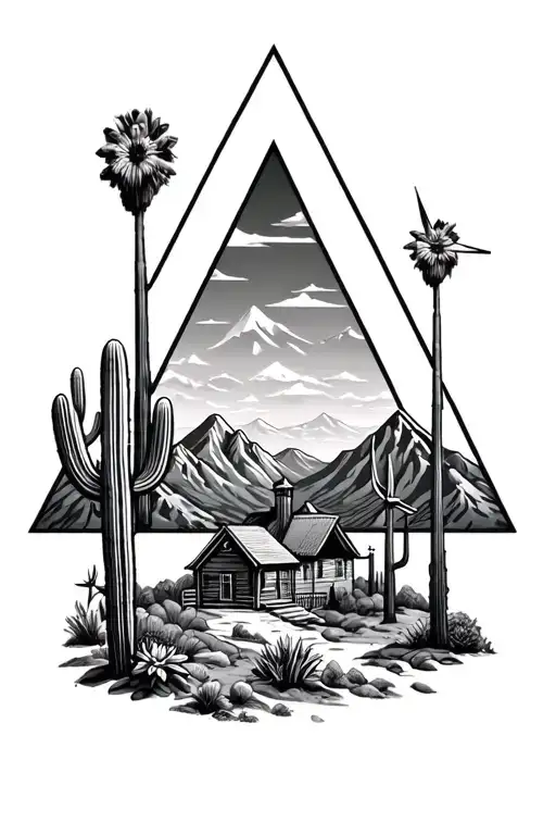 Inside of 3 staggered triangles put palm springs mountains with windmills and cactus