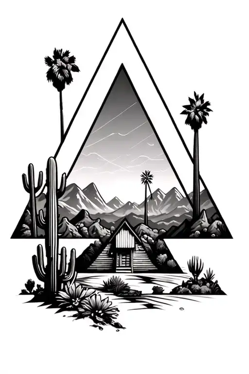 Inside of 3 staggered triangles put palm springs mountains with windmills and cactus - Variation 2