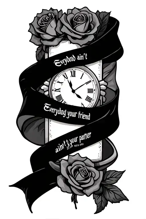Ribbons wrapped around a clock with roses words saying everybody ain't your friend everybody ain't your partner 