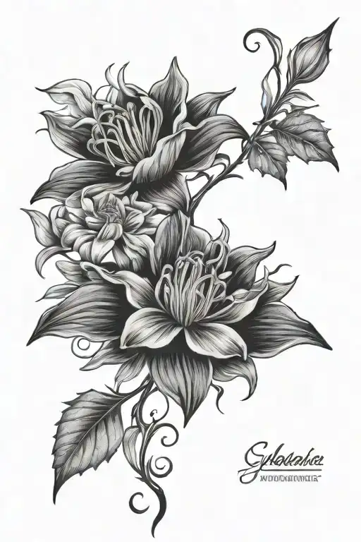 columbine flower with night rider lily flower and gothic leaves under collar bone and done sternum - Variation 1