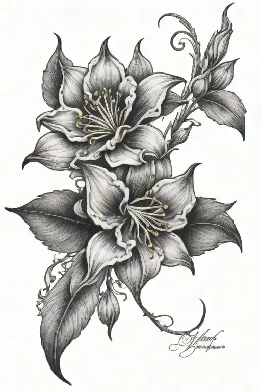 columbine flower with night rider lily flower and gothic leaves under collar bone and done sternum - Variation 2