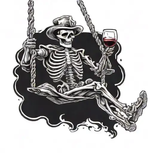 happy skeleton on a swing with a glass of wine in his hand; in renaissance style - Variation 1