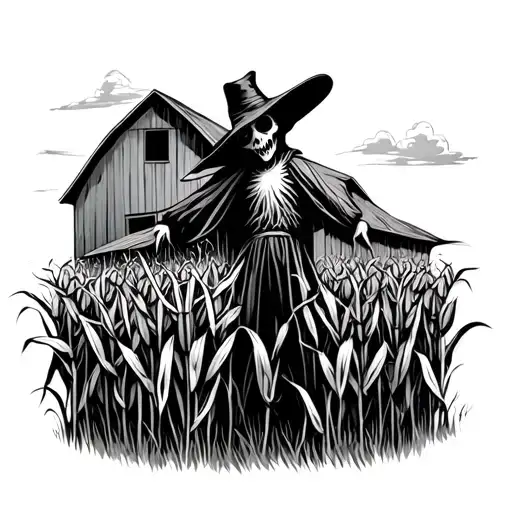 scare crow in a cornfield in front of a barn