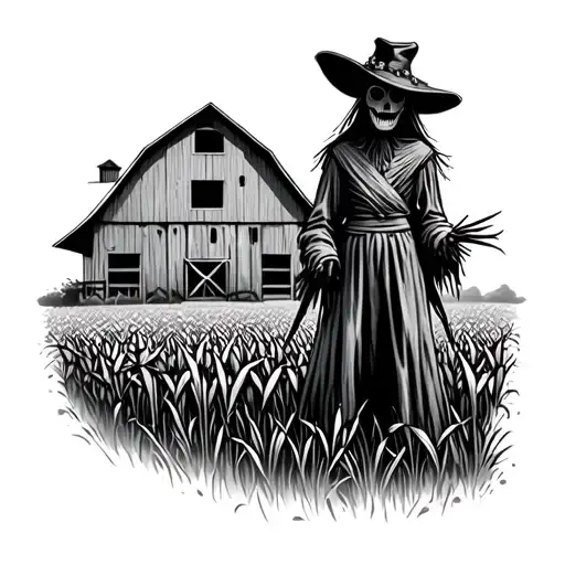 scare crow in a cornfield in front of a barn - Variation 2