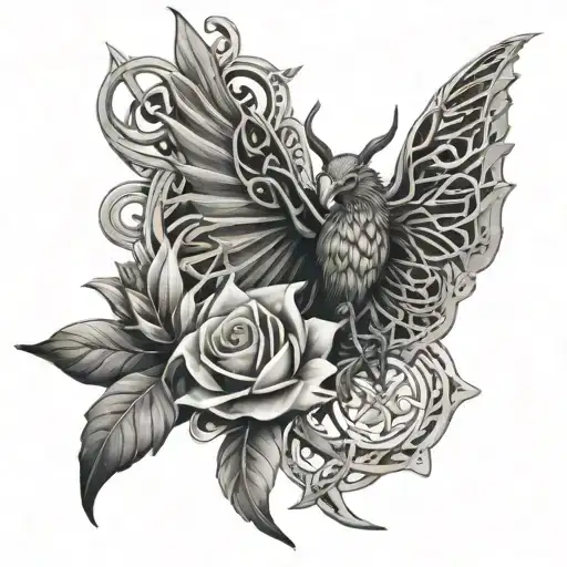 celtic tattoo with dragon, bee, paw, bird of paradise