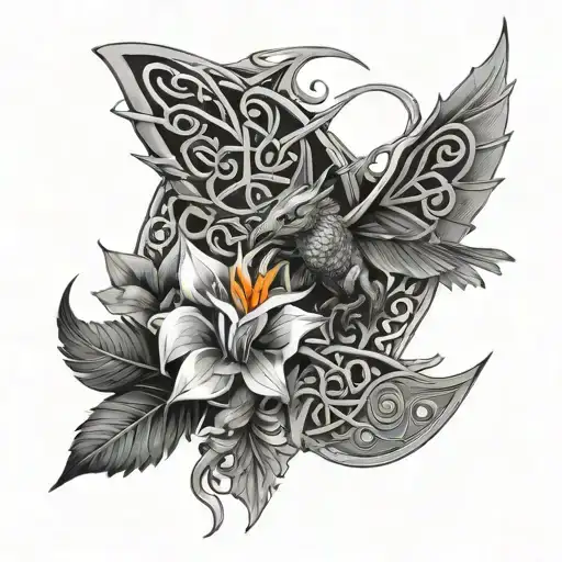 celtic tattoo with dragon, bee, paw, bird of paradise - Variation 2