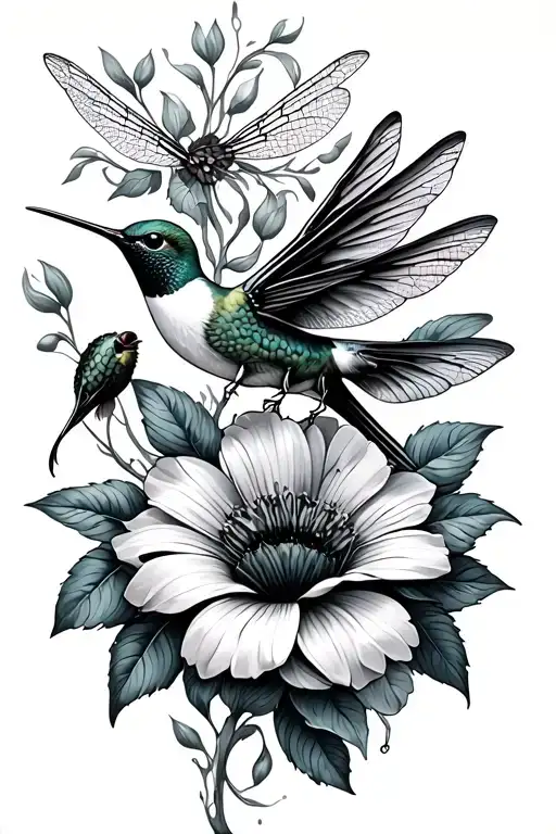 hummingbird, dragonfly, flowers coming