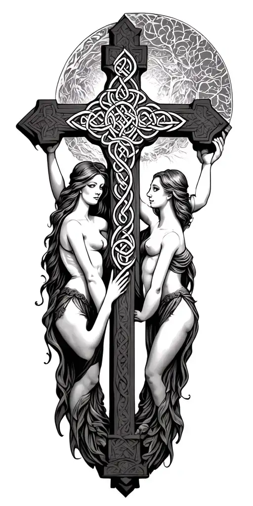 2 Celtic women on each side holding a large stone Celtic cross.
