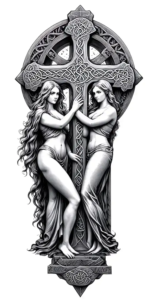 2 Celtic women on each side holding a large stone Celtic cross.  - Variation 2