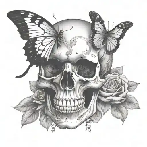 skull with butterfly emerging from eye and roses - Variation 4