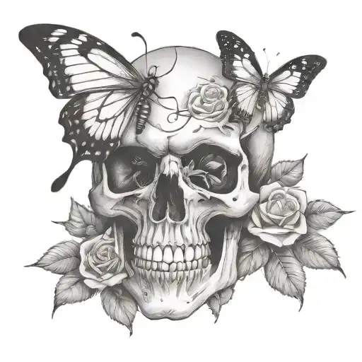 skull with butterfly emerging from eye and roses - Variation 5