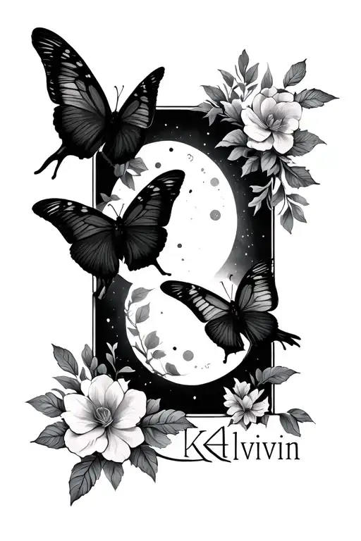 the words k4klivin with birds and flowes butterfly moon - Variation 2