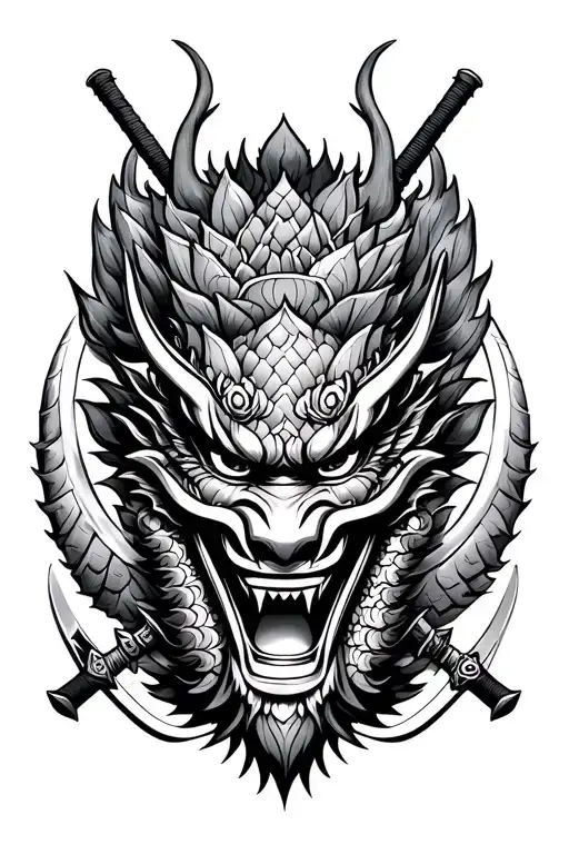 oni mask surrounded by dragon scales with lotus flower and katanas as accent - Variation 2