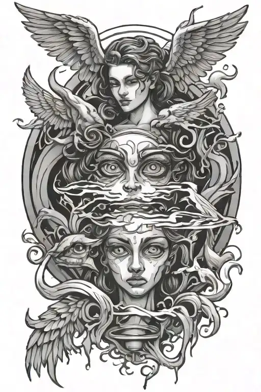 eyes crying tears landing in pool below and pool is being destroyed and repaired by angels and demons - Variation 1