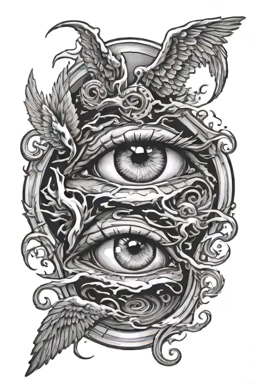 eyes crying tears landing in pool below and pool is being destroyed and repaired by angels and demons - Variation 2