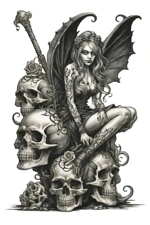 gothic fairy sitting on a skull