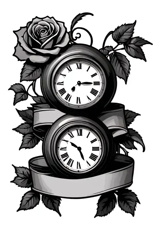 two clocks stacked together with intertwining banner and rose on left side - Variation 3